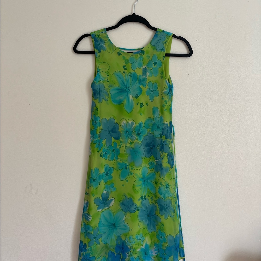 Vintage Floral Green and Blue Sleeveless Dress